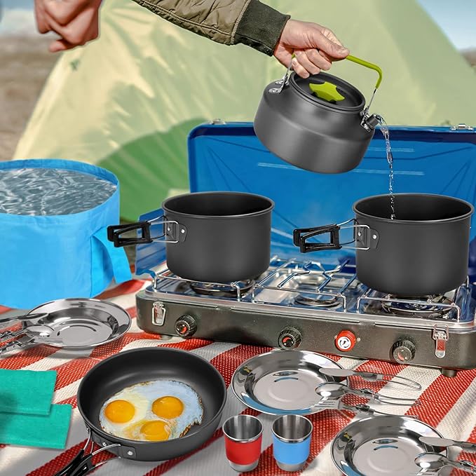 Odoland 29pcs Camping Cookware Mess Kit, Non-Stick Lightweight Pots Pan Kettle, Collapsible Water