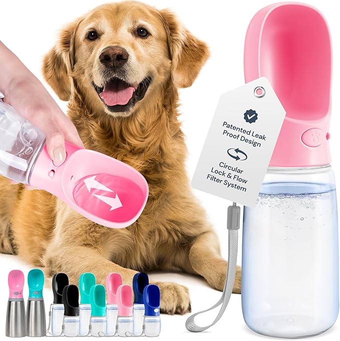 MalsiPree Leak-Proof Portable Dog Water Bottle for Travel - 19 oz, with Pink Bowl - Food Grade