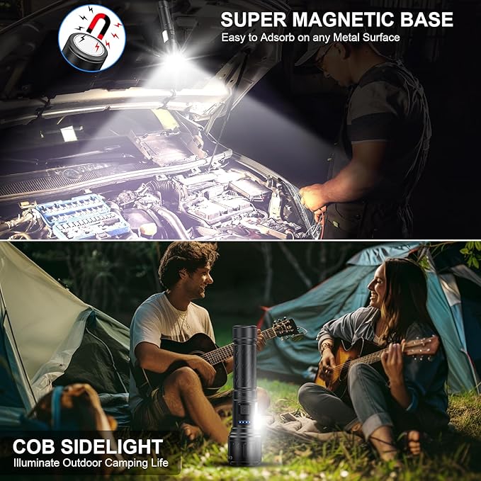Rechargeable Magnetic Flashlights High Lumens, Super Bright LED Powerful Flashlight 8 Modes with