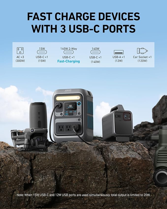 Anker Portable Power Station SOLIX C300, 288Wh LiFePO4 Battery, 300W (600W Surge) Solar Generator