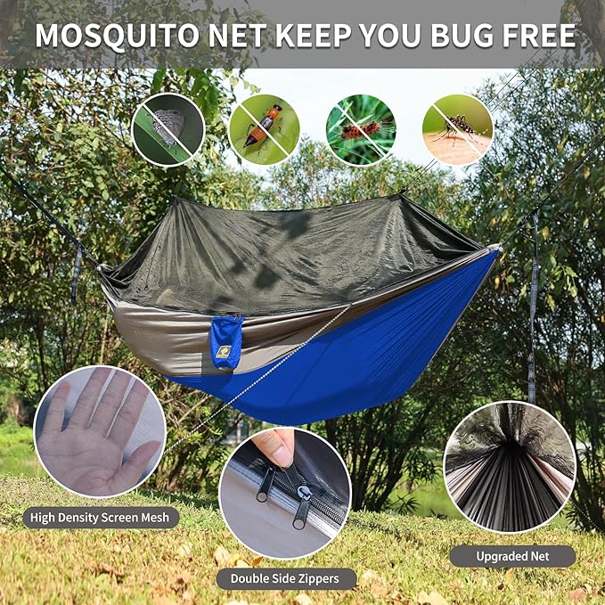 Camping Hammock with Net,Travel Portable Lightweight Hammocks with Tree Straps and Solid D-Shape