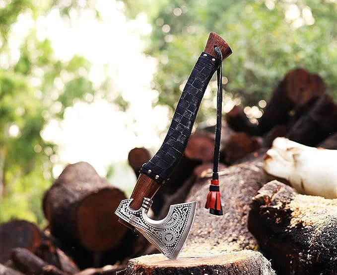 19" Viking Axe Carbon Steel Engraved Head with Leather Wrapped Wooden Handle & Sheath | Norse