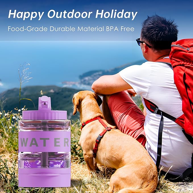 77oz Dog Water Bottle with Dispenser Bowl, 2200ml Capacity, Purple, Portable Pet Travel Bottle with