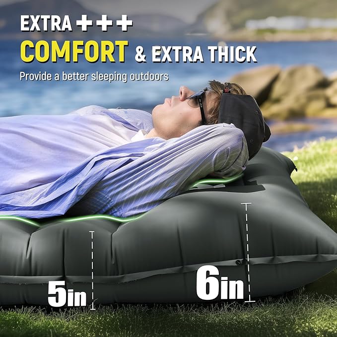 Inflatable Camping Sleeping Pad with Pillow, 5" Extra-Thick Ultralight Inflatable Sleeping Mat with