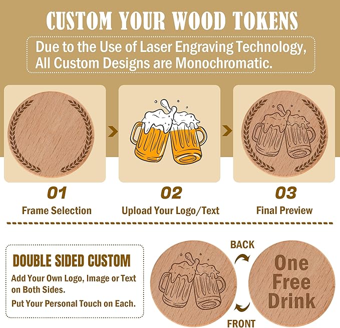 30-1000pcs 40mm Custom Wooden Drink Tokens,Double-Sided Laser Engraved with Logo,Text or