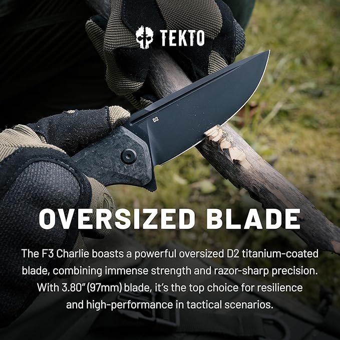 F3 Charlie Button Lock Folding Knife, Oversized Fine Edge Blade, Tactical Forged Carbon G10 Handle