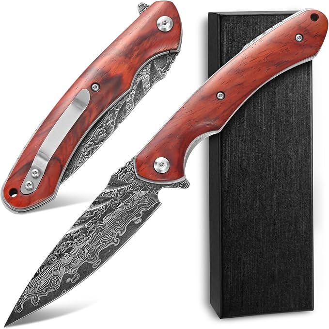 Sitivien ST242 Damascus Steel Folding Knife,Flipper Liner Lock Knife with Damascus VG10 Core
