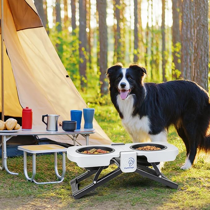 Portable Foldable Elevated Dog Bowls Stand with Dual Dishes, Compact Travel Pet Feeding Table for