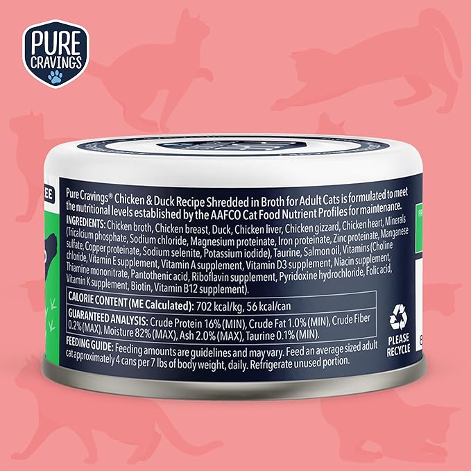 Pure Cravings Chicken and Duck Recipe in Broth, Shredded Wet Cat Food, Grain-Free Protein, Non-GMO