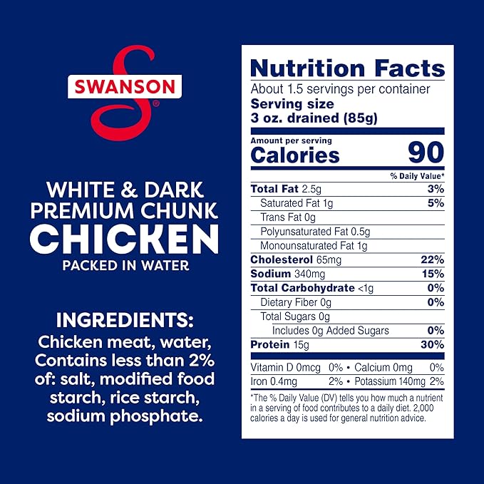 Swanson White and Dark Premium Chunk Canned Chicken Breast in Water, Fully Cooked Chicken, 9.75 OZ