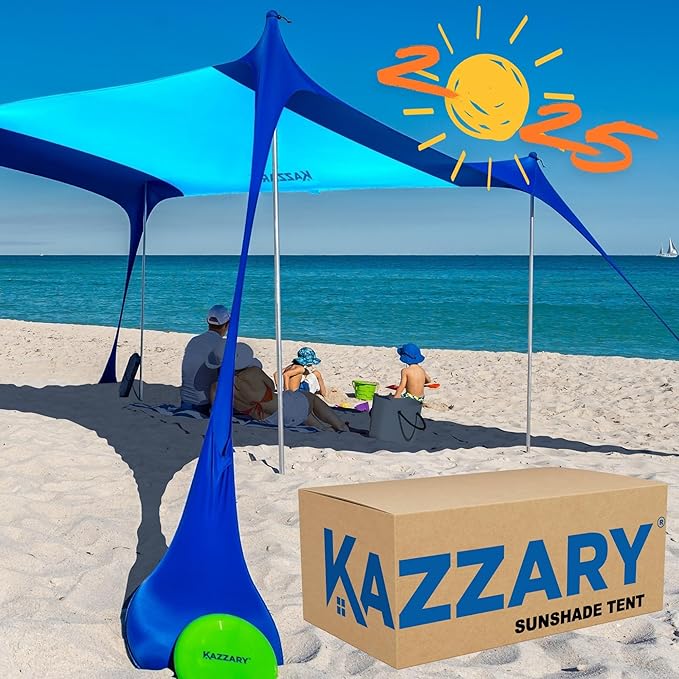 Beach Tent UPF50+ Sun Shade Canopy with Sandbags, 4 Stability Poles, Ground Pegs, Flying Disc Sand