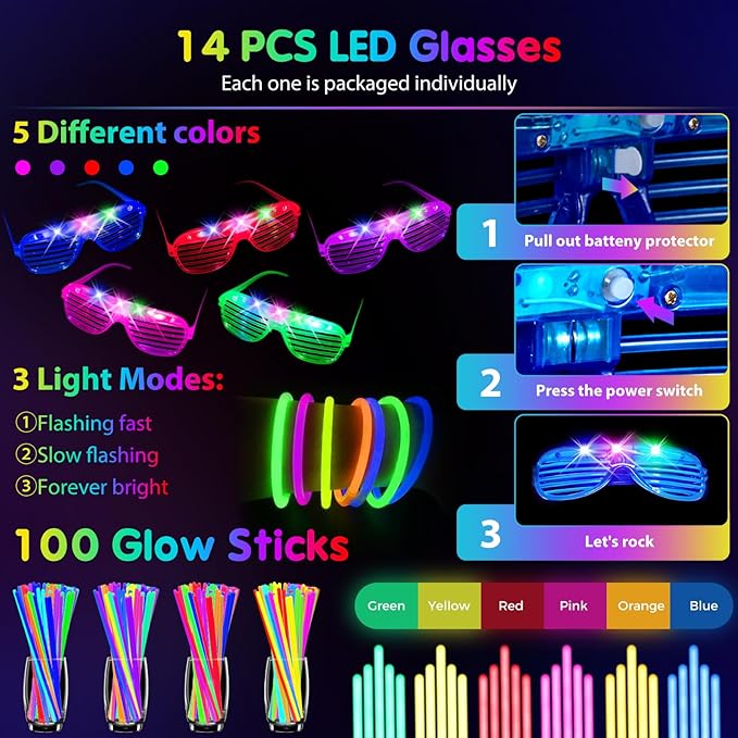 142 PCS Glow in the Dark Party Supplies, 14PCS Foam Glow Sticks, 14PCS Light Up Headband,14PCS LED