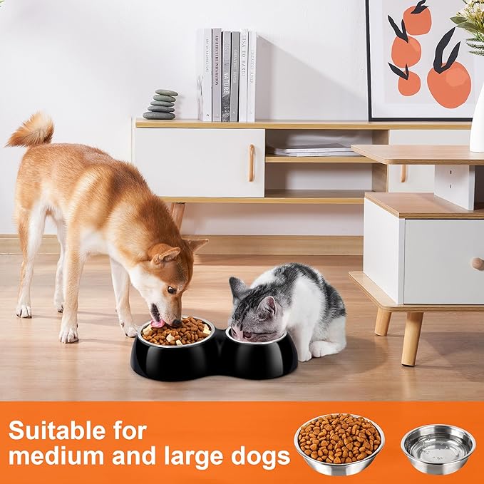 Double Dog Bowls Set ??Non-Slip Pet Food & Water Dishes with Resin Stand, Includes Small (1 Cup) &