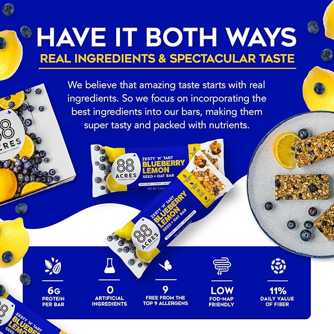 88 Acres Granola Bars | Blueberry Lemon | Gluten Free, Nut-Free Oat and Seed Granola Bar | Vegan &
