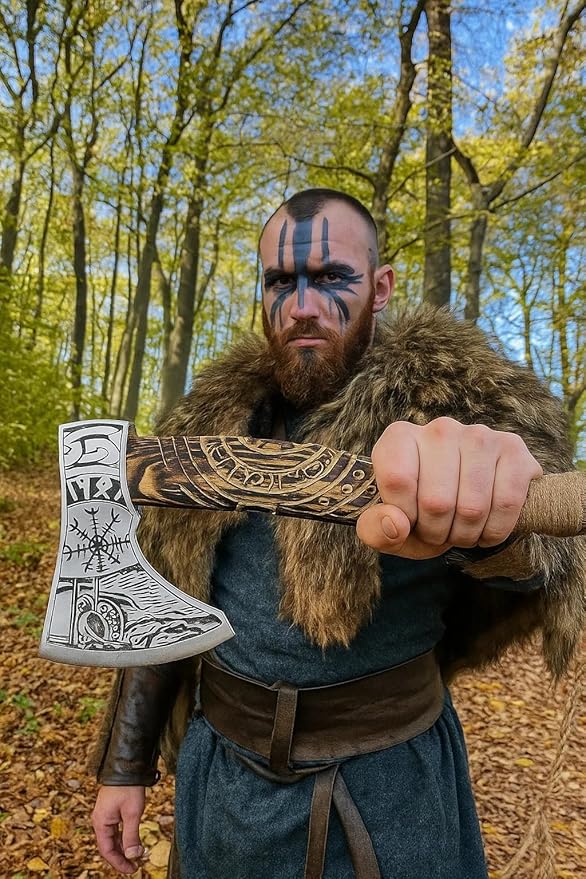 Hand Forged Viking Axe – Carbon Steel Blade with Ash Wood Handle and Leather Sheath, Camping