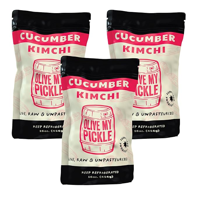 Olive My Pickle Organic Kimchi Fermented - 48 oz | 3-Pack of Probiotic Cucumber Kimchi Vegan |