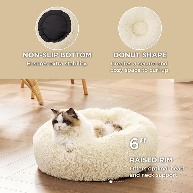 Bedsure Calming Cat Beds for Indoor Cats - Small Cat Bed Washable 20 inches, Anti-Slip Round Fluffy