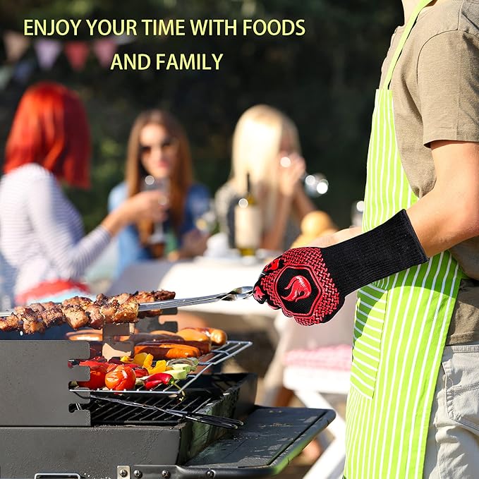 BBQ Fireproof Gloves, Grill Cut-Resistant Gloves 1472°F Heat Resistant Gloves, Non-Slip Silicone
