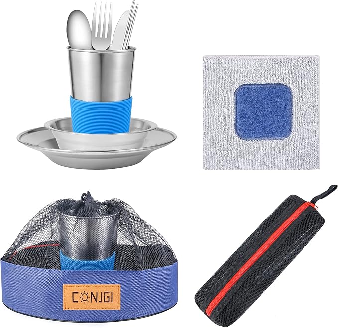 Outdoor Camping Mess Kit - 1 to 2 persons Camping Dishes Includes Cups, Bowls, Dishes, Knives