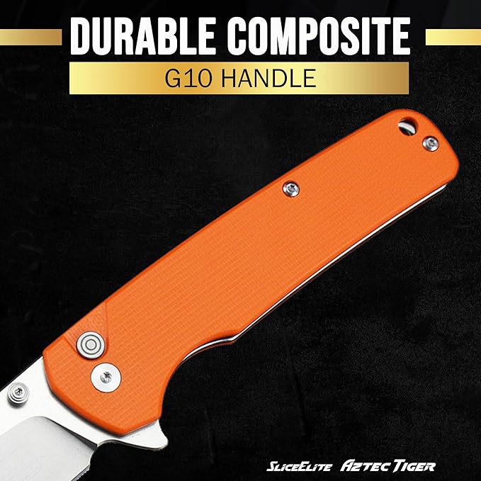 SliceElite 3.6-Inch Aztec Tiger Folding Knife | Pocket Knife with Orange G10 Composite Handle, D2