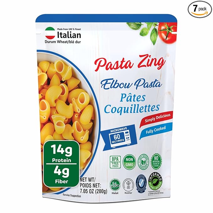 Pasta Zing Elbow Pasta – Fully Cooked, Microwave-Ready in 60 Seconds, Made with 100% Italian Durum