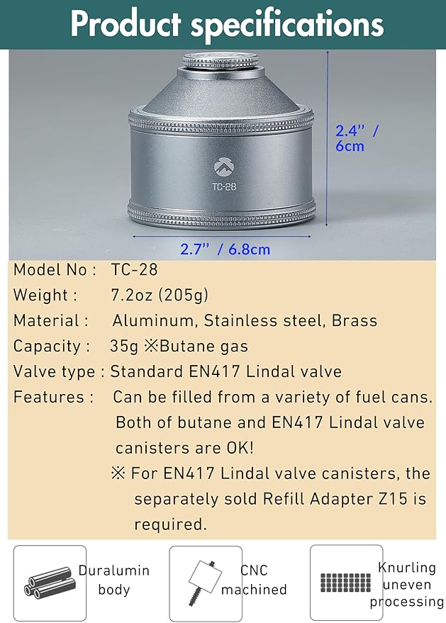 CAMPINGMOON Empty Refillable Cylinder 35g Standard for Backpacking Camping EN417 Lindal Valve