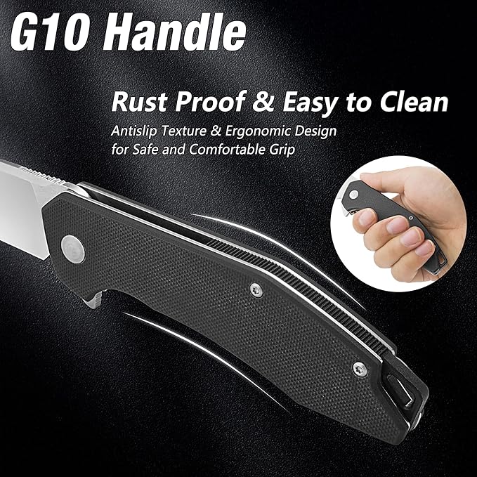 FLISSA Pocket Knife, Folding Tactical Knife with G10 Handle, D2 Blade, Liner Lock, Pocket Clip, EDC