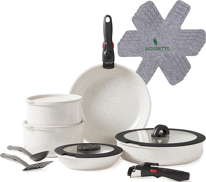 ROSSETTO 17pcs Pots and Pans Set Non Stick from France, Ceramic Cookware Set with Removable Handle