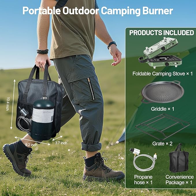 Portable Gas stove, 2 Burner Camping Stove with Griddle and Carrying Bag & Hose, 8600BTU Portable