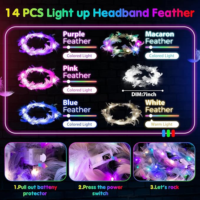 142 PCS Glow in the Dark Party Supplies, 14PCS Foam Glow Sticks, 14PCS Light Up Headband,14PCS LED