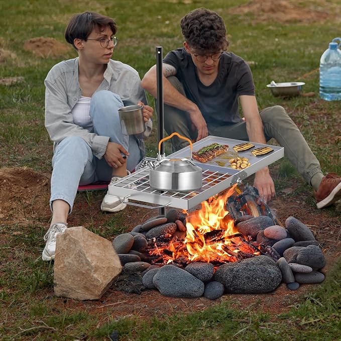 Skyflame Folding Campfire Grill Grate, Stainless Steel Swivel Camping Grill Grate and Griddle with
