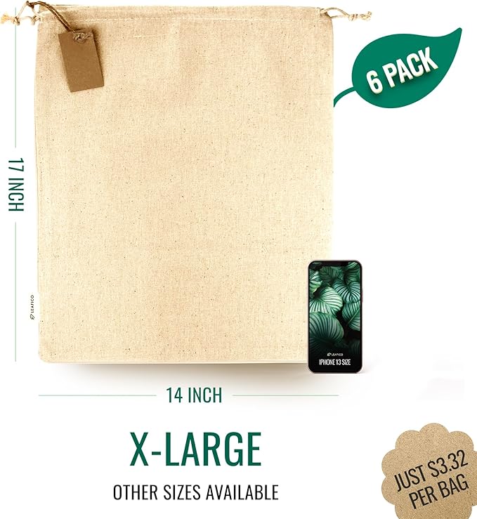 Cotton Storage Bags ??X-Large 14x17 Inch (6-Pack) ??Reusable Muslin Bags with Drawstrings