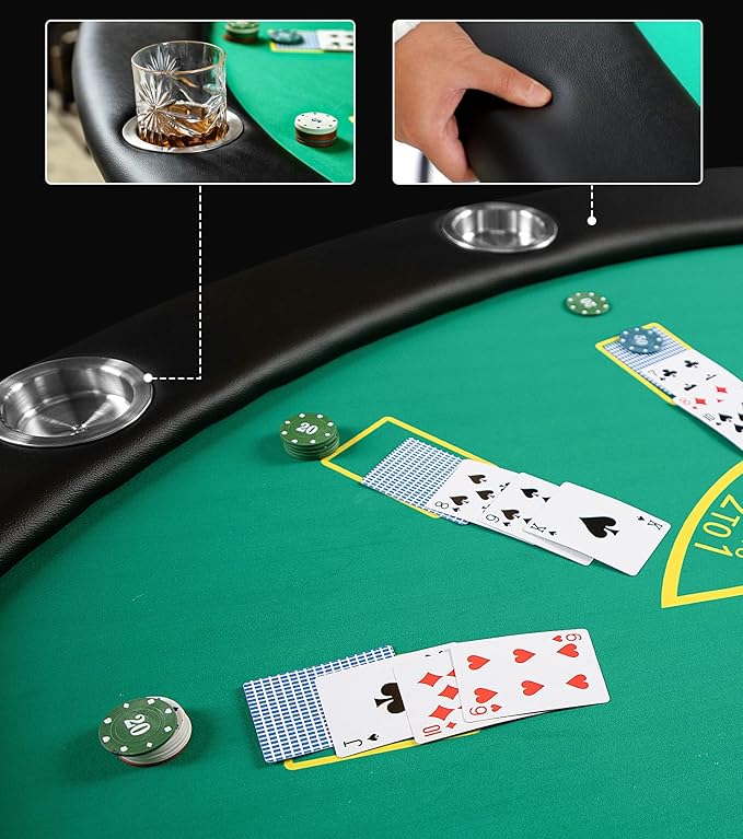 Foldable 7 Players Poker Table for Blackjack, Texas Hold'em Table with Stainless Steel Cup Holder