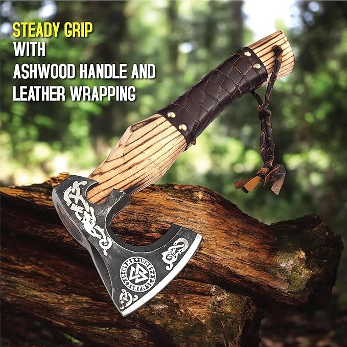 Viking Axe Ashwood Handle Handmade Carbon Steel Blade, Outdoor Camping Hunting, Norse Hatchets