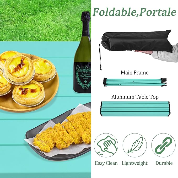 Grope Camping Table with Aluminum Table Top, Folding Beach Table Easy to Carry, Prefect for