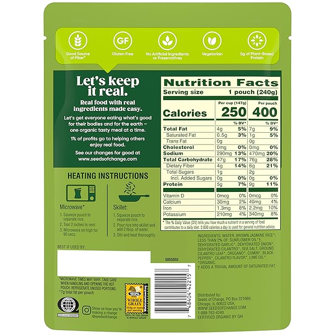 SEEDS OF CHANGE Organic Brown Jasmine Rice with Cilantro Lime, Organic Food, 8.5 oz Pouch (Pack of