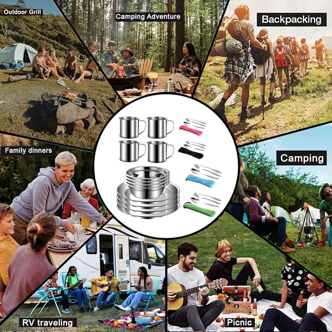 Outdoor Camping Mess Kit, Stainless Steel Tableware Mess Kit Includes Plate Bowl Cup Spoon Fork