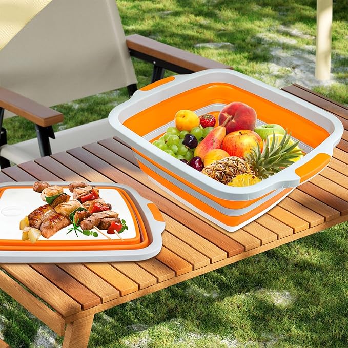 Collapsible BBQ Prep Tubs with Lids, Grill Cutting Board, Camping Sink with Drainage Hole for Meal