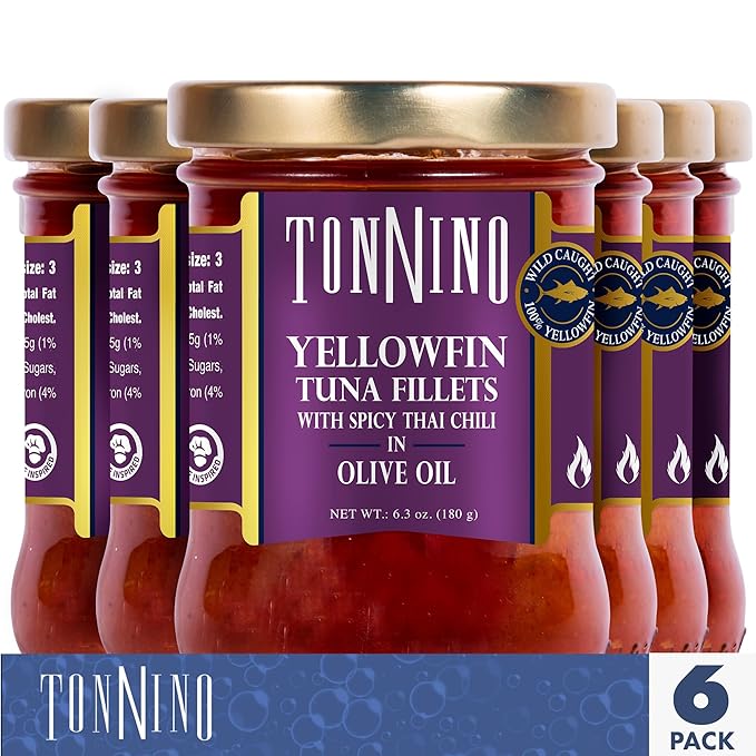 Tonnino Tuna Yellowfin Fillets (Pack of 6, Spicy Thai Chili in Olive Oil)