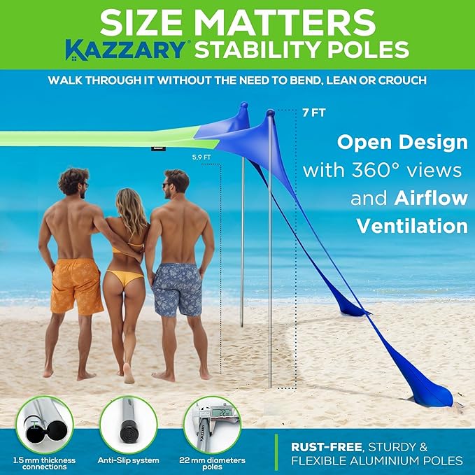 Beach Tent UPF50+ Sun Shade Canopy with Sandbags, 4 Stability Poles, Ground Pegs, Flying Disc Sand