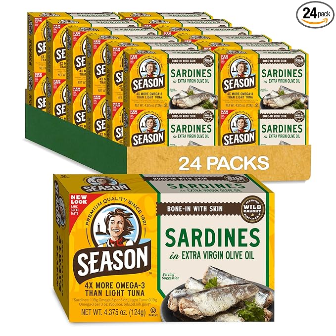 Season Sardines in Extra Virgin Olive Oil - Wild Caught, 22g of Protein, Keto Snacks, More Omega