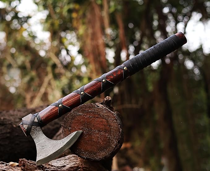 WAZIR Crafts Viking Axe | 17″ Hand-Forged Carbon Steel Tomahawk with Rosewood Handle & Leather