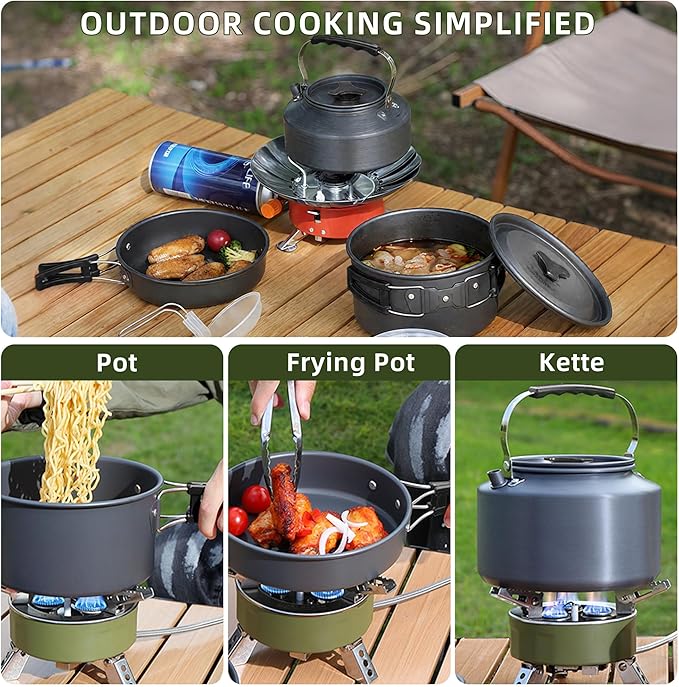 aiGear 3pcs Camping Cookware Mess Kit, Non-Stick Camping Pan Pot Kettle, Lightweight Aluminum