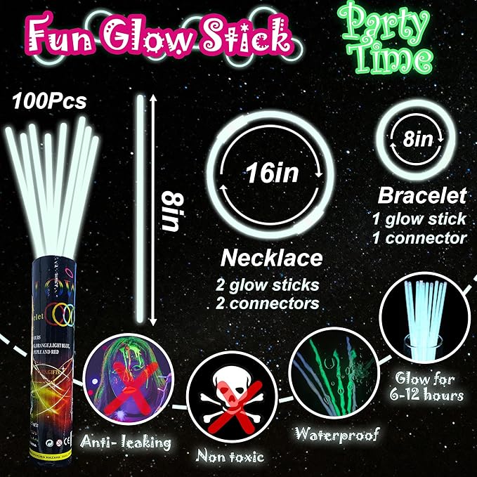ILHSTY 100 pk Glow Sticks Bulk Party Favors and Decorations - 8" Glow in the Dark Party Supplies