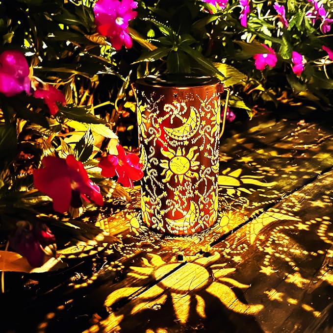 Solar Lanterns Outdoor Hanging Lantern Lights,Sun Moon Metal Decor Lanterns-Waterproof LED