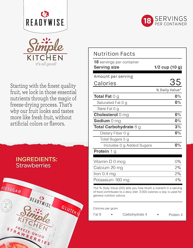 READYWISE - Simple Kitchen Freeze Dried Strawberries, 18 Servings, Vegan, Gluten Free, Healthy