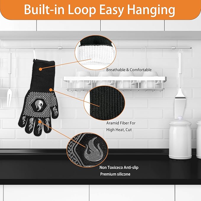 BBQ Fireproof Gloves, Grill Cut-Resistant Gloves 1472°F Heat Resistant Gloves, Non-Slip Silicone