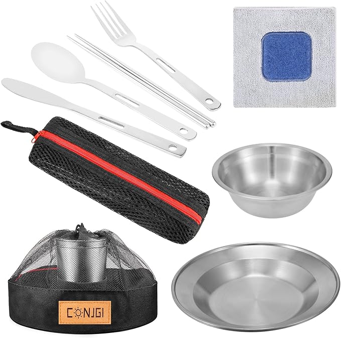 Outdoor Camping Mess Kit - 1 to 2 persons Camping Dishes Includes Cups, Bowls, Dishes, Knives