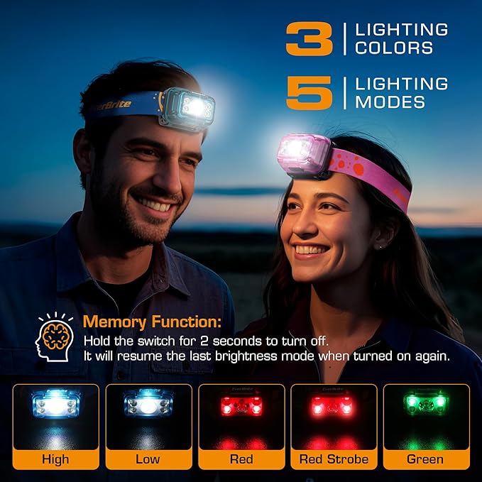 EverBrite Rechargeable Headlamp, 2 Pack Kids Headlamp with White/Red/Green Light and Memory