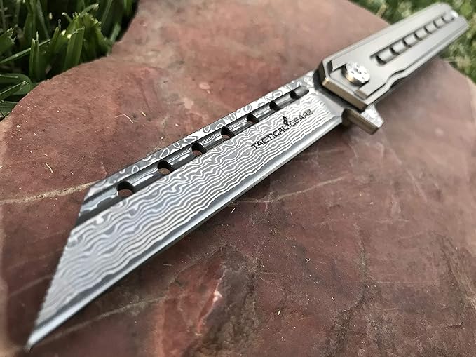 TACTICAL GEARZ Damascus Pocket Knife for EDC, Solid Titanium Handle, 67 Multi-Layered Damascus